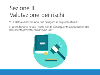 Sezione	II
Valutazione	dei	rischi
“1. Il datore di lavoro non può delegare le seguenti attività:
a) la valutazione di tutti i rischi con la conseguente elaborazione del
documento previsto dall’articolo 28;”
 