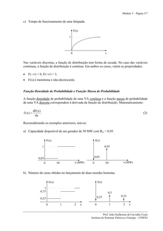 Módulo 3 – Página 3/7


c) Tempo de funcionamento de uma lâmpada.

                                                      F(t)

                                              1




                                                  0                              t


Nas variáveis discretas, a função de distribuição tem forma de escada. No caso das variáveis
contínuas, a função de distribuição é contínua. Em ambos os casos, valem as propriedades:

•   F(–∞) = 0, F(+∞) = 1;
•   F(x) é monótona e não-decrescente.


Função Densidade de Probabilidade e Função Massa de Probabilidade

A função densidade de probabilidade de uma VA contínua e a função massa de probabilidade
de uma VA discreta correspondem à derivada da função de distribuição. Matematicamente:

          dF( x )
f (x) =           .                                                                                            (2)
           dx

Reconsiderando os exemplos anteriores, tem-se:

a) Capacidade disponível de um gerador de 50 MW com RG = 0,95.

                          F(x)                                        f(x)

                  1                                                              0,95


               0,05                                                0,05

                      0              50                x (MW)     0              50          x (MW)


b) Número de caras obtidas no lançamento de duas moedas honestas.

                              F(x)                                        f(x)

                    1
                 0,75                                                                0,5
                                                                          0,25             0,25
                 0,25

                          0               1            2     x        0               1      2    x


                                                                            Prof. João Guilherme de Carvalho Costa
                                                                 Instituto de Sistemas Elétricos e Energia – UNIFEI
 