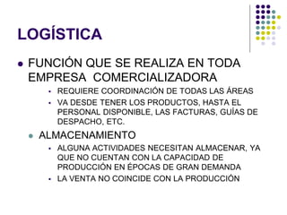 LOGÍSTICA
   FUNCIÓN QUE SE REALIZA EN TODA
    EMPRESA COMERCIALIZADORA
            REQUIERE COORDINACIÓN DE TODAS LAS ÁREAS
            VA DESDE TENER LOS PRODUCTOS, HASTA EL
             PERSONAL DISPONIBLE, LAS FACTURAS, GUÍAS DE
             DESPACHO, ETC.
       ALMACENAMIENTO
            ALGUNA ACTIVIDADES NECESITAN ALMACENAR, YA
             QUE NO CUENTAN CON LA CAPACIDAD DE
             PRODUCCIÓN EN ÉPOCAS DE GRAN DEMANDA
            LA VENTA NO COINCIDE CON LA PRODUCCIÓN
 