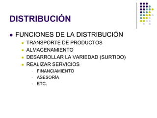 DISTRIBUCIÓN
   FUNCIONES DE LA DISTRIBUCIÓN
        TRANSPORTE DE PRODUCTOS
        ALMACENAMIENTO
        DESARROLLAR LA VARIEDAD (SURTIDO)
        REALIZAR SERVICIOS
           FINANCIAMIENTO
           ASESORÍA
           ETC.
 