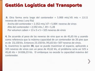 Gestión Logística del Transporte 
B. Otra forma seria largo del contenedor = 5.900 mts/.45 mts = 13.11 neveras de vinos ( una fila) 
Ancho del contenedor = 2.352 mts/.47 = 5.004 neveras de vinos 
Alto del contenedor = 2,592 mts / .49 = 5,28 
Por volumen caben = 13 x 5 x 5 = 325 neveras de vinos 
4. De acuerdo al peso de las neveras de vino que es de 45,65 kls y usando como referencia que la máxima capacidad de un contenedor de 20 pies que es de 23,150 kls. Entonces 23.150 kls /45,65 kls= 507 neveras de vinos. 
5. Usaremos la opción 3B, que se puede maximizar el espacio, aplicando a 325 neveras de vinos con un peso de 45,62 kls, el problema seria así 325 x 45,65 kls = 14.836,23 kls. El embarque no excede la capacidad máxima del contenedor.  