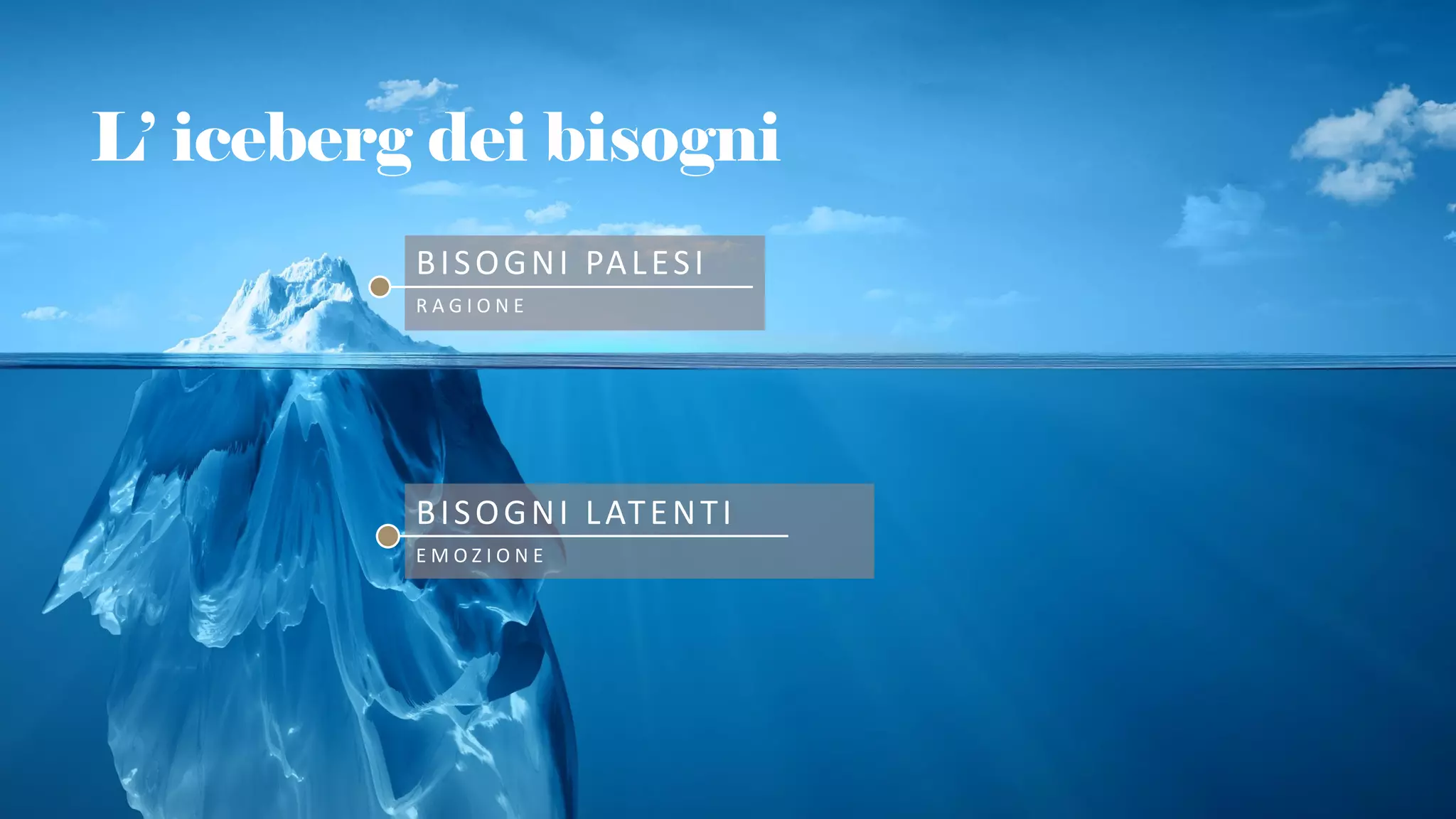 L’ iceberg dei bisogni
BISOGNI PALESI
R A G I O N E
BISOGNI LATENTI
E M O Z I O N E
 
