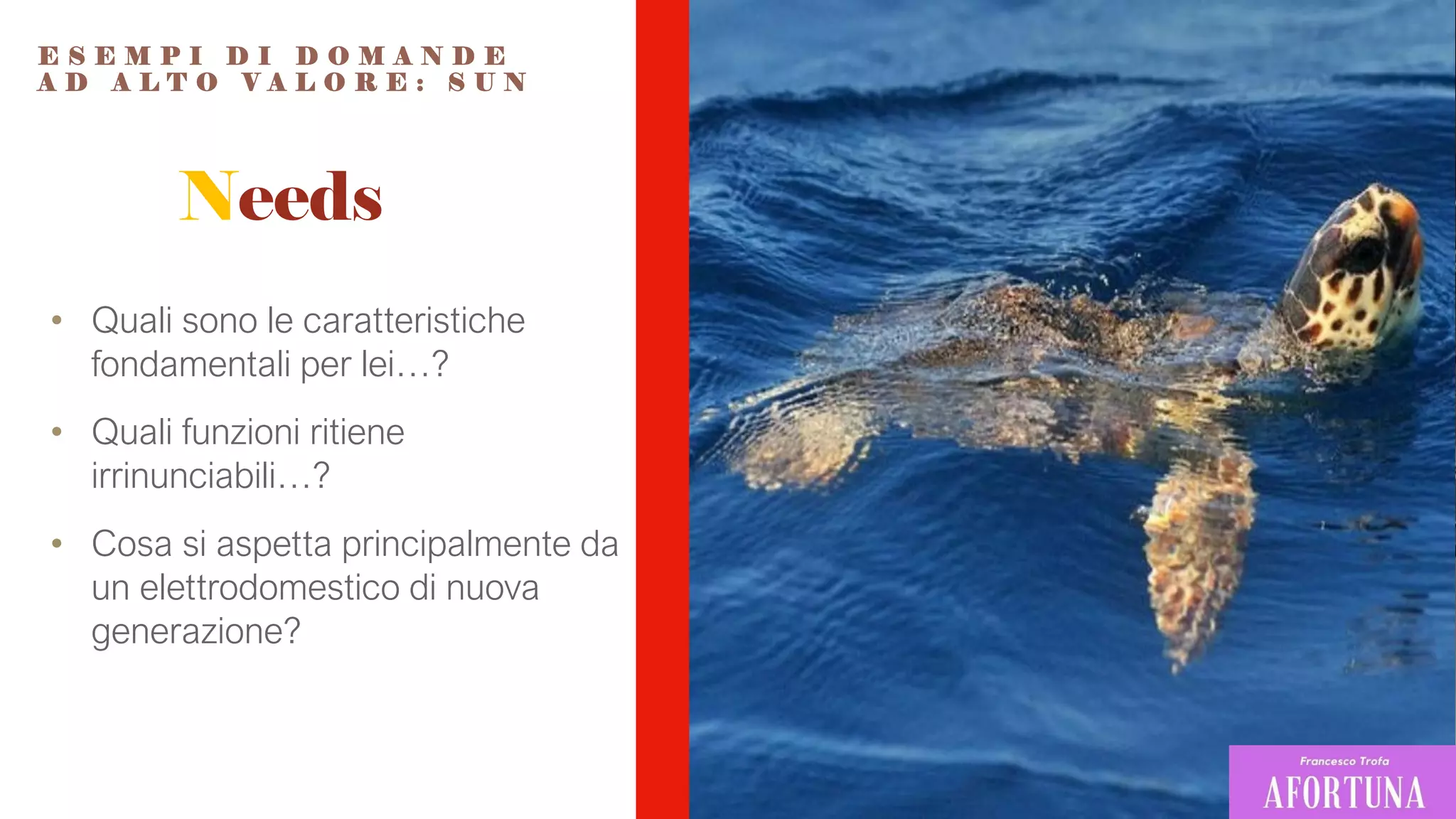 Needs
• Quali sono le caratteristiche
fondamentali per lei…?
• Quali funzioni ritiene
irrinunciabili…?
• Cosa si aspetta principalmente da
un elettrodomestico di nuova
generazione?
E S E M P I D I D O M A N D E
A D A L T O V A L O R E : S U N
 