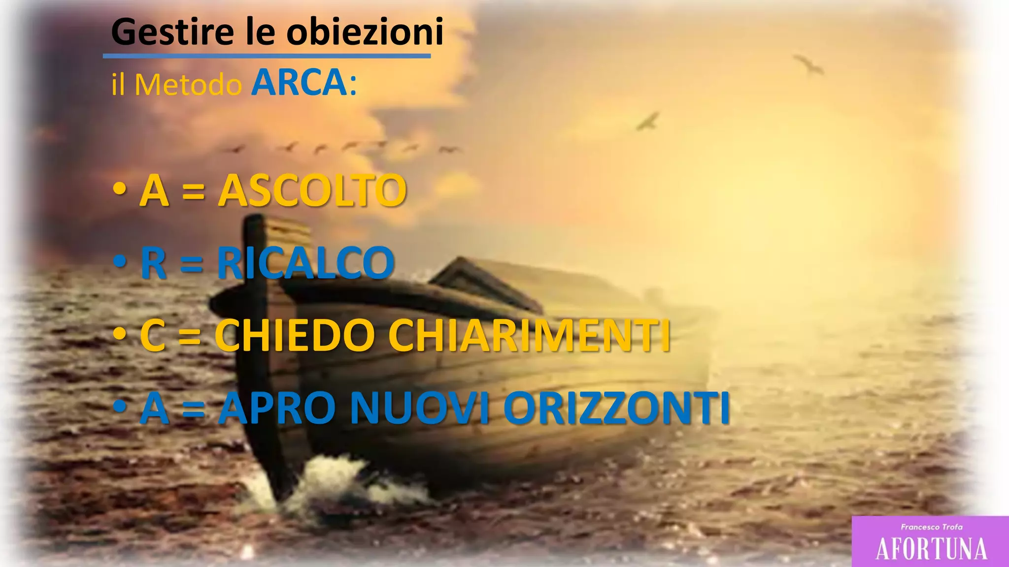 • A = ASCOLTO
• R = RICALCO
• C = CHIEDO CHIARIMENTI
• A = APRO NUOVI ORIZZONTI
Gestire le obiezioni
il Metodo ARCA:
 