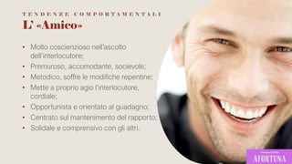 L’ «Amico»
• Molto coscienzioso nell’ascolto
dell’interlocutore;
• Premuroso, accomodante, socievole;
• Metodico, soffre le modifiche repentine;
• Mette a proprio agio l’interlocutore,
cordiale;
• Opportunista e orientato al guadagno;
• Centrato sul mantenimento del rapporto;
• Solidale e comprensivo con gli altri.
T E N D E N Z E C O M P O R T A M E N T A L I
 