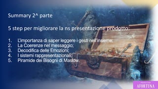 5
Summary 2^ parte
5 step per migliorare la ns presentazione prodotto:
1. L’importanza di saper leggere i gesti nell’insieme;
2. La Coerenze nel messaggio;
3. Decodifica delle Emozioni;
4. I sistemi rappresentazionali;
5. Piramide dei Bisogni di Maslow.
 