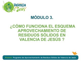 MÓDULO 3.
¿CÓMO FUNCIONA EL ESQUEMA
APROVECHAMIENTO DE
RESIDUOS SÓLIDOS EN
VALENCIA DE JESÚS ?
 