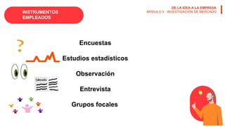 DE LA IDEA A LA EMPRESA
MÓDULO 3 · INVESTIGACIÓN DE MERCADO
Encuestas
Estudios estadísticos
Observación
Entrevista
Grupos focales
INSTRUMENTOS
EMPLEADOS
 