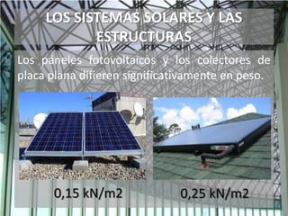 LOS SISTEMAS SOLARES Y LAS
ESTRUCTURAS
Los páneles fotovoltaicos y los colectores de
placa plana difieren significativamente en peso.
0,15 kN/m2 0,25 kN/m2
 