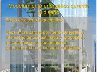 Modelamiento energético durante
el diseño
Etapa de diseño esquemático
Separar las cargas por fuente energética,
intensidad de uso estimada y propósito y
así determinar su porcentaje de
participación en el consumo energético
 