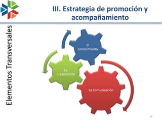 III. Estrategia de promoción y
                                  acompañamiento
Elementos Transversales



                                               El
                                          conocimiento




                                La
                           organización



                                                La Comunicación




                                                                  16
 
