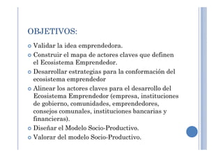 OBJETIVOS:
Validar la idea emprendedora.
Construir el mapa de actores claves que definen
el Ecosistema Emprendedor.
Desarrollar estrategias para la conformación del
ecosistema emprendedorecosistema emprendedor
Alinear los actores claves para el desarrollo del
Ecosistema Emprendedor (empresa, instituciones
de gobierno, comunidades, emprendedores,
consejos comunales, instituciones bancarias y
financieras).
Diseñar el Modelo Socio-Productivo.
Valorar del modelo Socio-Productivo.
 