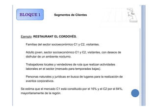Ejemplo: RESTAURANT EL CORDOVÉS.
•Familias del sector socioeconómico C1 y C2, visitantes.
•Adulto joven, sector socioeconómico C1 y C2, visitantes, con deseos de
disfrutar de un ambiente nocturno.
Segmentos de Clientes
disfrutar de un ambiente nocturno.
•Trabajadores locales y vendedores de ruta que realizan actividades
laborales en el sector (mercado para temporadas bajas).
•Personas naturales y jurídicas en busca de lugares para la realización de
eventos corporativos.
Se estima que el mercado C1 está constituido por el 16% y el C2 por el 84%,
mayoritariamente de la región.
 