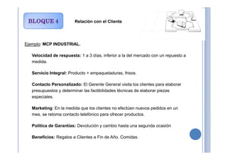 Ejemplo: MCP INDUSTRIAL.
•Velocidad de respuesta: 1 a 3 días, inferior a la del mercado con un repuesto a
medida.
•Servicio Integral: Producto + empaquetaduras, frisos.
•
Relación con el Cliente
•Contacto Personalizado: El Gerente General visita los clientes para elaborar
presupuestos y determinar las factibilidades técnicas de elaborar piezas
especiales.
•Marketing: En la medida que los clientes no efectúen nuevos pedidos en un
mes, se retoma contacto telefónico para ofrecer productos.
•Política de Garantías: Devolución y cambio hasta una segunda ocasión
•Beneficios: Regalos a Clientes a Fin de Año. Comidas.
 