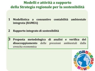 2
Modelli e attività a supporto
della Strategia regionale per la sostenibilità
1 Modellistica a consuntivo contabilità ambientale
integrata (RAMEA)
2 Rapporto integrato di sostenibilità
3 Proposta metodologica di analisi e verifica del
disaccoppiamento delle pressioni ambientali dalla
crescita economica
 