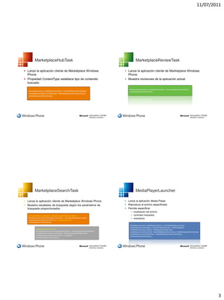 11/07/2011




          MarketplaceHubTask                                                                        MarketplaceReviewTask

 Lanza la aplicación cliente de Marketplace Windows                                      Lanza la aplicación cliente de Marketplace Windows
  Phone                                                                                    Phone
 Propiedad ContentType establece tipo de contenido                                       Muestra revisiones de la aplicación actual
  buscado

                                                                                            MarketplaceReviewTask marketplaceReviewTask = new MarketplaceReviewTask();
   MarketplaceHubTask marketplaceHubTask = new MarketplaceHubTask();                        marketplaceReviewTask.Show();
   marketplaceHubTask.ContentType = MarketplaceContentType.Music;
   marketplaceHubTask.Show();




          MarketplaceSearchTask                                                                     MediaPlayerLauncher

 Lanza la aplicación cliente de Marketplace Windows Phone                                Lanza la aplicación Media Player
 Muestra resultados de búsqueda según los parámetros de                                  Reproduce el archivo especificado
  búsqueda proporcionados                                                                 Permite especificar:
                                                                                              localización del archivo
   //Búsqueda de una aplicación, utilizando ContentType por defecto.                          controles mostrados
   MarketplaceSearchTask marketplaceSearchTask = new MarketplaceSearchTask();                 orientación
   marketplaceSearchTask.SearchTerms = "accelerometer xna";
   marketplaceSearchTask.Show();
                                                                                             MediaPlayerLauncher mediaPlayerLauncher = new MediaPlayerLauncher();
                                                                                             mediaPlayerLauncher.Media = new Uri("MyVideo.wmv", UriKind.Relative);
            // Búsqueda de una canción.                                                      mediaPlayerLauncher.Location = MediaLocationType.Data;
            MarketplaceSearchTask marketplaceSearchTask = new MarketplaceSearchTask();       mediaPlayerLauncher.Controls = MediaPlaybackControls.Pause | MediaPlaybackControls.Stop;
            marketplaceSearchTask.ContentType = MarketplaceContentType.Music;                mediaPlayerLauncher.Orientation = MediaPlayerOrientation.Landscape;
            marketplaceSearchTask.SearchTerms = "song title";                                mediaPlayerLauncher.Show();
            marketplaceSearchTask.Show();




                                                                                                                                                                                          3
 