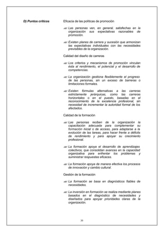 39
D) Puntos críticos Eficacia de las políticas de promoción
?
? Las personas ven, en general, satisfechas en la
organización sus expectativas razonables de
promoción.
?
? Existen planes de carrera y sucesión que armonizan
las expectativas individuales con las necesidades
previsibles de la organización.
Calidad del diseño de carreras
?
? Los criterios y mecanismos de promoción vinculan
ésta al rendimiento, el potencial y el desarrollo de
competencias.
?
? La organización gestiona flexiblemente el progreso
de las personas, sin un exceso de barreras o
limitaciones formales.
?
? Existen fórmulas alternativas a las carreras
estrictamente jerárquicas, como las carreras
horizontales o en el puesto, basadas en el
reconocimiento de la excelencia profesional, sin
necesidad de incrementar la autoridad formal de los
afectados.
Calidad de la formación
?
? Las personas reciben de la organización la
capacitación adecuada para complementar su
formación inicial o de acceso, para adaptarse a la
evolución de las tareas, para hacer frente a déficits
de rendimiento y para apoyar su crecimiento
profesional.
?
? La formación apoya el desarrollo de aprendizajes
colectivos, que consolidan avances en la capacidad
organizativa para enfrentar los problemas y
suministrar respuestas eficaces.
?
? La formación apoya de manera efectiva los procesos
de innovación y cambio cultural.
Gestión de la formación
?
? La formación se basa en diagnósticos fiables de
necesidades.
?
? La inversión en formación se realiza mediante planes
basados en el diagnóstico de necesidades y
diseñados para apoyar prioridades claras de la
organización.
 