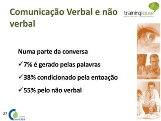 27
Numa parte da conversa
7% é gerado pelas palavras
38% condicionado pela entoação
55% pelo não verbal
Comunicação Verbal e não
verbal
 
