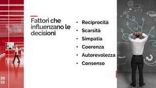 20
22
C
A
S
A
M
E
D
I
A
W
O
R
L
D
20
22 26
• Reciprocità
• Scarsità
• Simpatia
• Coerenza
• Autorevolezza
• Consenso
 