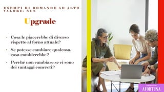 Upgrade
• Cosa le piacerebbe di diverso
rispetto al forno attuale?
• Se potesse cambiare qualcosa,
cosa cambierebbe?
• Perché non cambiare se ci sono
dei vantaggi concreti?
E S E M P I D I D O M A N D E A D A L T O
V A L O R E : S U N
 