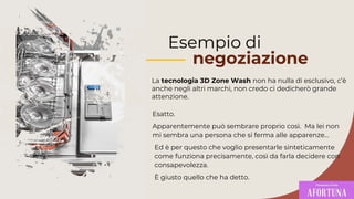 Esempio di
negoziazione
La tecnologia 3D Zone Wash non ha nulla di esclusivo, c’è
anche negli altri marchi, non credo ci dedicherò grande
attenzione.
Ed è per questo che voglio presentarle sinteticamente
come funziona precisamente, così da farla decidere con
consapevolezza.
È giusto quello che ha detto.
Apparentemente può sembrare proprio così. Ma lei non
mi sembra una persona che si ferma alle apparenze…
Esatto.
 