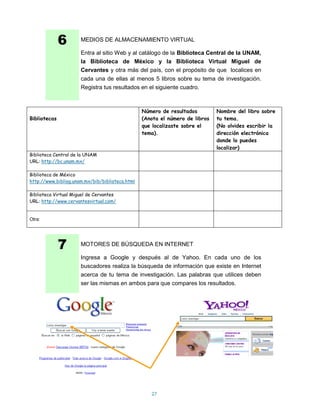 6       MEDIOS DE ALMACENAMIENTO VIRTUAL

                      Entra al sitio Web y al catálogo de la Biblioteca Central de la UNAM,
                      la Biblioteca de México y la Biblioteca Virtual Miguel de
                      Cervantes y otra más del país, con el propósito de que localices en
                      cada una de ellas al menos 5 libros sobre su tema de investigación.
                      Registra tus resultados en el siguiente cuadro.



                                                 Número de resultados         Nombre del libro sobre
Bibliotecas                                      (Anota el número de libros   tu tema.
                                                 que localizaste sobre el     (No olvides escribir la
                                                 tema).                       dirección electrónica
                                                                              donde lo puedes
                                                                              localizar)
Biblioteca Central de la UNAM
URL: http://bc.unam.mx/

Biblioteca de México
http://www.bibliog.unam.mx/bib/biblioteca.html

Biblioteca Virtual Miguel de Cervantes
URL: http://www.cervantesvirtual.com/


Otra:




              7       MOTORES DE BÚSQUEDA EN INTERNET

                      Ingresa a Google y después al de Yahoo. En cada uno de los
                      buscadores realiza la búsqueda de información que existe en Internet
                      acerca de tu tema de investigación. Las palabras que utilices deben
                      ser las mismas en ambos para que compares los resultados.




                                                    27
 