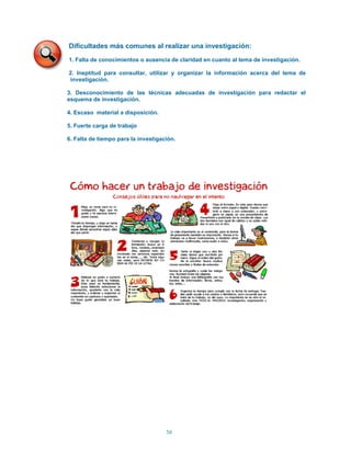 Dificultades más comunes al realizar una investigación:
1. Falta de conocimientos o ausencia de claridad en cuanto al tema de investigación.

2. Ineptitud para consultar, utilizar y organizar la información acerca del tema de
investigación.

3. Desconocimiento de las técnicas adecuadas de investigación para redactar el
esquema de investigación.

4. Escaso material a disposición.

5. Fuerte carga de trabajo

6. Falta de tiempo para la investigación.




                                     56
 
