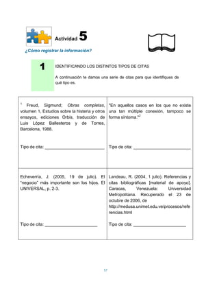 Actividad    5
    ¿Cómo registrar la información?



          1       IDENTIFICANDO LOS DISTINTOS TIPOS DE CITAS

                  A continuación te damos una serie de citas para que identifiques de
                  qué tipo es.




1
   Freud, Sigmund; Obras completas, "En aquellos casos en los que no existe
volumen 1, Estudios sobre la histeria y otros una tan múltiple conexión, tampoco se
ensayos, ediciones Orbis, traducción de forma síntoma."2
Luis López Ballesteros y de Torres,
Barcelona, 1988.



Tipo de cita: _________________________ Tipo de cita: ________________________




Echeverría, J. (2005, 19 de julio). El Landeau, R. (2004, 1 julio). Referencias y
“negocio” más importante son los hijos. El citas bibliográficas [material de apoyo].
UNIVERSAL, p. 2-3.                         Caracas,       Venezuela:      Universidad
                                           Metropolitana. Recuperado el 23 de
                                           octubre de 2006, de
                                           http://medusa.unimet.edu.ve/procesos/refe
                                           rencias.html

Tipo de cita: ______________________             Tipo de cita: ______________________




                                            57
 