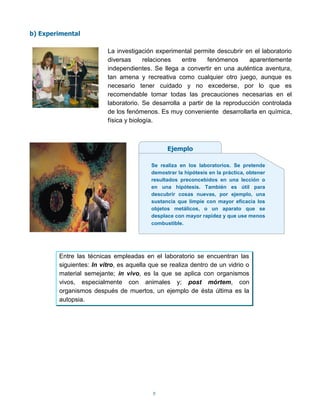 b) Experimental

                         La investigación experimental permite descubrir en el laboratorio
                         diversas      relaciones   entre    fenómenos     aparentemente
                         independientes. Se llega a convertir en una auténtica aventura,
                         tan amena y recreativa como cualquier otro juego, aunque es
                         necesario tener cuidado y no excederse, por lo que es
                         recomendable tomar todas las precauciones necesarias en el
                         laboratorio. Se desarrolla a partir de la reproducción controlada
                         de los fenómenos. Es muy conveniente desarrollarla en química,
                         física y biología.



                                               Ejemplo

                                         Se realiza en los laboratorios. Se pretende
                                         demostrar la hipótesis en la práctica, obtener
                                         resultados preconcebidos en una lección o
                                         en una hipótesis. También es útil para
                                         descubrir cosas nuevas, por ejemplo, una
                                         sustancia que limpie con mayor eficacia los
                                         objetos metálicos, o un aparato que se
                                         desplace con mayor rapidez y que use menos
                                         combustible.




        Entre las técnicas empleadas en el laboratorio se encuentran las
        siguientes: In vitro, es aquella que se realiza dentro de un vidrio o
        material semejante; in vivo, es la que se aplica con organismos
        vivos, especialmente con animales y; post mórtem, con
        organismos después de muertos, un ejemplo de ésta última es la
        autopsia.




                                          9
 