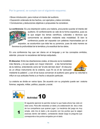 Por lo general, se cumple con el siguiente esquema:

• Breve introducción, para motivar el interés del auditorio.
• Exposición ordenada de los hechos, con ejemplos y datos concretos.
• Conclusiones y deducciones objetivas o propuestas ha considerar.

La conferencia: Es una disertación sobre una materia, procurando suscitar el interés del
                     auditorio. El conferenciante se vale de la forma expositiva, pues es
                     la que exigen los temas científicos, culturales o técnicos que
                     comúnmente se abordan mediante esta modalidad. Si bien la
                     conferencia puede ser expuesta con palabras improvisadas por el
          expositor, se acostumbra que éste lea su ponencia, pues de esta manera se
   favorece la profundidad de la temática y la exactitud de los datos.

En una conferencia hay que ser claros en el lenguaje y en los conceptos emitidos,
además procurar no excederse del tiempo estipulado.

El discurso: Entre las disertaciones orales, el discurso es la modalidad
más literaria, y la que apela con mayor intención a las herramientas
de la retórica, entendiendo como tal “el arte del bien decir”. El discurso
es un eficaz instrumento de la oratoria, cuyo fin es el de “persuadir
mediante la palabra”, y con él se busca convencer al auditorio para ganar su voluntad e
influir en sus actitudes frente a un hecho o situación particular.

La oratoria se divide en varios tipos. De acuerdo con su propósito puede ser: oratoria
forense, sagrada, militar, política, popular y social.




                    Actividad    10
                 El siguiente ejercicio te permite revisar lo que hasta ahora has visto en
                 este curso. Para ello necesitas un dado y la colaboración de dos o más
                 de tus compañeros que quieran jugar. La mecánica del juego es muy

         1       simple, sólo tira el dado y de acuerdo con los puntos que te salgan
                 avanzas dentro del tablero, contestando desde luego la pregunta que
                 corresponda a los puntos arrojados por el dado.


                                             96
 