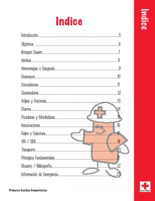 Indice
Introducción......................................................................................................................................................5
Objetivos ...........................................................................................................................................................6
Botiquín Casero.............................................................................................................................................7
Heridas.................................................................................................................................................................8
Hemorragias o Sangrado......................................................................................................................9
Desmayos.........................................................................................................................................................10
Convulsiones...................................................................................................................................................11
Quemaduras...................................................................................................................................................12
Golpes y Fracturas.....................................................................................................................................................................13....................13
Diarrea...................................................................Diarrea................................................................................................................................................................14
Picaduras y Mordeduras.....................................................................................................................................................15
Intoxicaciones................................................................................................................................................................................16
Fiebre o Calentura...........................................Fiebre o Calentura.....................................................................................................................................17
VIH / SIDA........................................................................................................................................................................................18
Transporte.........................................................................................................................................................................................20
Principios Fundamentales............................Principios Fundamentales...................................................................................................................21
Glosario / Bibliografía...................................................................................................................................................22
Información de Emergencia.................................................................................................................................23
Indice
Primeros Auxilios ComunitariosPrimeros Auxilios ComunitariosPrimeros Auxilios Comunitarios Cruz Roja
 
