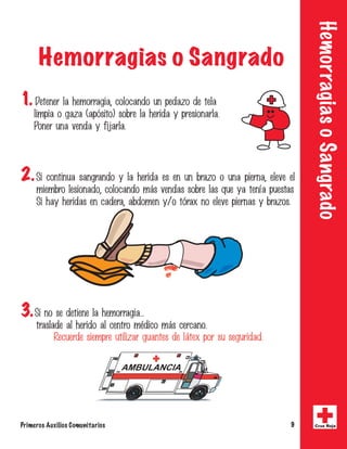 Primeros Auxilios Comunitarios 9 Cruz Roja
HemorragiasoSangrado
Hemorragias o Sangrado
1.���������������������������������������������������
����������������������������������������������������������
������������������������������
2.������������������������������������������������������������������������
����������������������������������������������������������������������
� �����������������������������������������������������������������������
3.���������������������������������
� ������������������������������������������������
������������������������������������������������������������
 
