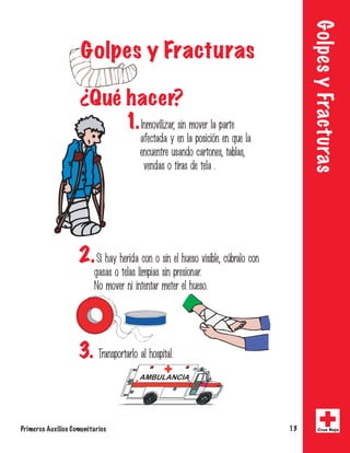 Golpes y Fracturas 
GGoollppeess yy FFrraaccttuurraass 
¿Qué hacer? 
1. *ONPWJMJ[BS
TJONPWFSMBQBSUF 
BGFDUBEBZFOMBQPTJDJwOFORVFMB 
FODVFOUSFVTBOEPDBSUPOFT
UBCMBT
 
WFOEBTPUJSBTEFUFMB 
2. 4JIBZIFSJEBDPOPTJOFMIVFTPWJTJCMF
D|CSBMPDPO 
HBTBTPUFMBTMJNQJBTTJOQSFTJPOBS 
 /PNPWFSOJJOUFOUBSNFUFSFMIVFTP 
3. 5SBOTQPSUBSMPBMIPTQJUBM 
Primeros Auxilios Comunitarios 13 Cruz Roja 
 