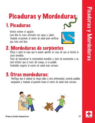 Picaduras y Mordeduras 
Picaduras y Mordeduras 
1. Picaduras 
*OUFOUFFYUSBFSFMBHVJKwO 
-BWFCJFOMB[POBBGFDUBEBDPOBHVBZKBCwO 
5SBTMBEFBMQBDJFOUFBMDFOUSPEFTBMVEQBSBWFSJGJDBS 
RVFUPEPFTUnCJFO 
2. Mordeduras de serpientes 
GMPKFPRVJUFMBSPQBRVFMFQVFEBBQSFUBSFODBTPEFRVFTFIJODIFMB 
[POBNPSEJEB 
5SBUFEFJONPWJMJ[BSMBFYUSFNJEBENPSEJEBZUSBUFEFNBOUFOFSMBBVO 
OJWFMJOGFSJPSRVFFMSFTUPEFMDVFSQP
TJFTQPTJCMF 
5SBTMgEFMPVSHFOUFBMDFOUSPEFTBMVENgTDFSDBOP 
3. Otras mordeduras: 
7FSJGJRVFRVFFMBOJNBMOPUFOHBSBCJBVPUSBFOGFSNFEBE
DPOUSPMFQPTJCMFT 
TBOHSBEPTZUSBTMBEFBMQBDJFOUFIBTUBFMDFOUSPEFTBMVENgTDFSDBOP 
Primeros Auxilios Comunitarios 15 Cruz Roja 
 