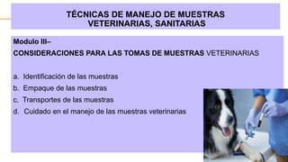 TÉCNICAS DE MANEJO DE MUESTRAS
VETERINARIAS, SANITARIAS
1
Modulo III–
CONSIDERACIONES PARA LAS TOMAS DE MUESTRAS VETERINARIAS
a. Identificación de las muestras
b. Empaque de las muestras
c. Transportes de las muestras
d. Cuidado en el manejo de las muestras veterinarias
 