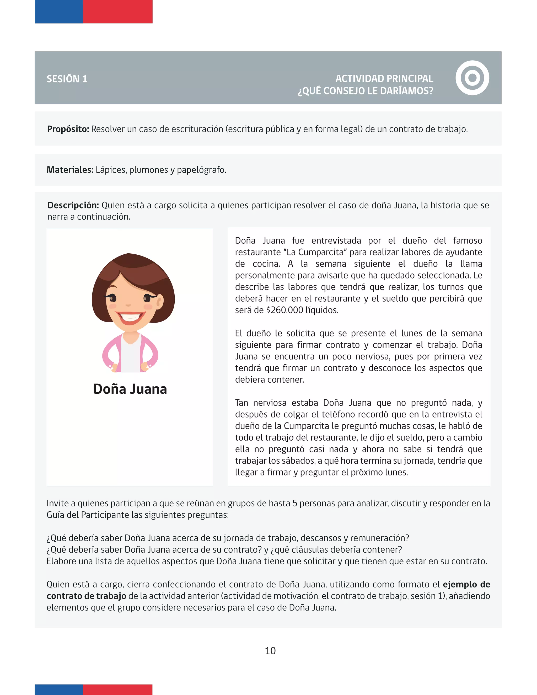ACTIVIDAD PRINCIPAL
¿QUÉ CONSEJO LE DARÍAMOS?
Propósito: Resolver un caso de escrituración (escritura pública y en forma legal) de un contrato de trabajo.
Materiales: Lápices, plumones y papelógrafo.
Descripción: Quien está a cargo solicita a quienes participan resolver el caso de doña Juana, la historia que se
narra a continuación.
SESIÓN 1
Doña Juana
Doña Juana fue entrevistada por el dueño del famoso
restaurante “La Cumparcita” para realizar labores de ayudante
de cocina. A la semana siguiente el dueño la llama
personalmente para avisarle que ha quedado seleccionada. Le
describe las labores que tendrá que realizar, los turnos que
deberá hacer en el restaurante y el sueldo que percibirá que
será de $260.000 líquidos.
El dueño le solicita que se presente el lunes de la semana
siguiente para firmar contrato y comenzar el trabajo. Doña
Juana se encuentra un poco nerviosa, pues por primera vez
tendrá que firmar un contrato y desconoce los aspectos que
debiera contener.
Tan nerviosa estaba Doña Juana que no preguntó nada, y
después de colgar el teléfono recordó que en la entrevista el
dueño de la Cumparcita le preguntó muchas cosas, le habló de
todo el trabajo del restaurante, le dijo el sueldo, pero a cambio
ella no preguntó casi nada y ahora no sabe si tendrá que
trabajar los sábados, a qué hora termina su jornada, tendría que
llegar a firmar y preguntar el próximo lunes.
Invite a quienes participan a que se reúnan en grupos de hasta 5 personas para analizar, discutir y responder en la
Guía del Participante las siguientes preguntas:
¿Qué debería saber Doña Juana acerca de su jornada de trabajo, descansos y remuneración?
¿Qué debería saber Doña Juana acerca de su contrato? y ¿qué cláusulas debería contener?
Elabore una lista de aquellos aspectos que Doña Juana tiene que solicitar y que tienen que estar en su contrato.
Quien está a cargo, cierra confeccionando el contrato de Doña Juana, utilizando como formato el ejemplo de
contrato de trabajo de la actividad anterior (actividad de motivación, el contrato de trabajo, sesión 1), añadiendo
elementos que el grupo considere necesarios para el caso de Doña Juana.
10
 