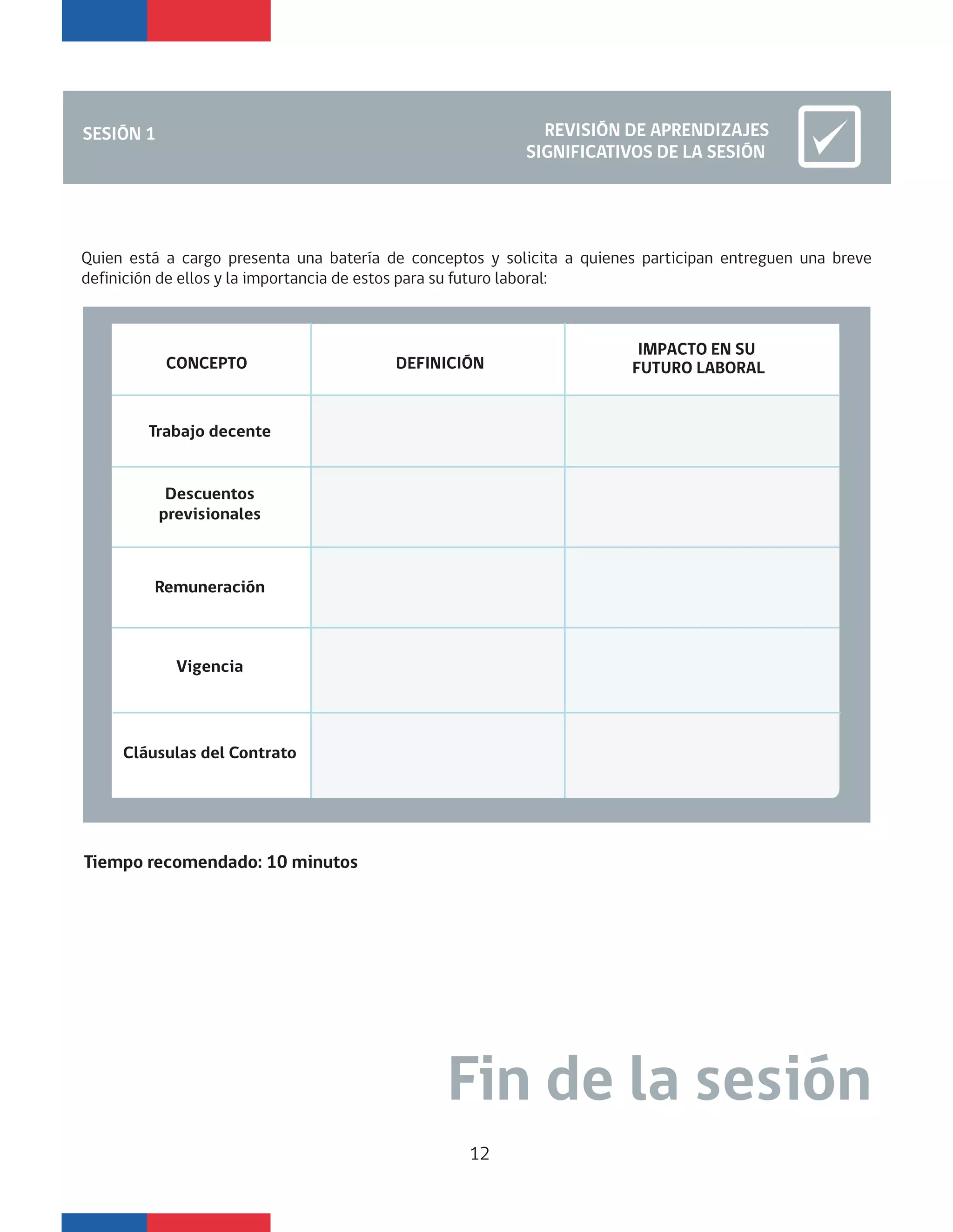 Trabajo decente
Remuneración
Vigencia
CONCEPTO DEFINICIÓN
IMPACTO EN SU
FUTURO LABORAL
Fin de la sesión
SESIÓN 1 REVISIÓN DE APRENDIZAJES
SIGNIFICATIVOS DE LA SESIÓN
Quien está a cargo presenta una batería de conceptos y solicita a quienes participan entreguen una breve
definición de ellos y la importancia de estos para su futuro laboral:
Tiempo recomendado: 10 minutos
Cláusulas del Contrato
Descuentos
previsionales
12
 
