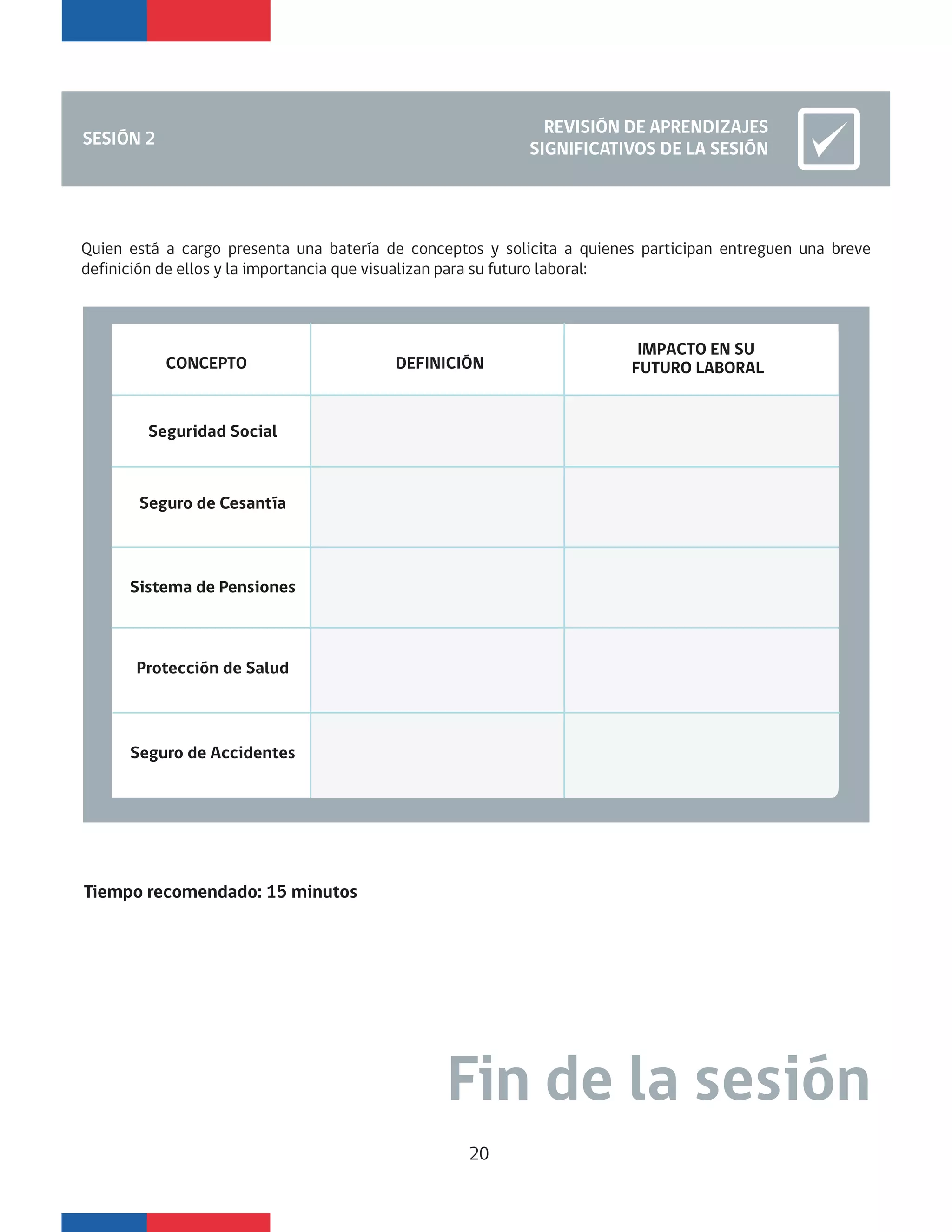 Tiempo recomendado: 15 minutos
SESIÓN 2
REVISIÓN DE APRENDIZAJES
SIGNIFICATIVOS DE LA SESIÓN
Quien está a cargo presenta una batería de conceptos y solicita a quienes participan entreguen una breve
definición de ellos y la importancia que visualizan para su futuro laboral:
Seguridad Social
Sistema de Pensiones
Protección de Salud
CONCEPTO DEFINICIÓN
IMPACTO EN SU
FUTURO LABORAL
Seguro de Accidentes
Seguro de Cesantía
Fin de la sesión
20
 