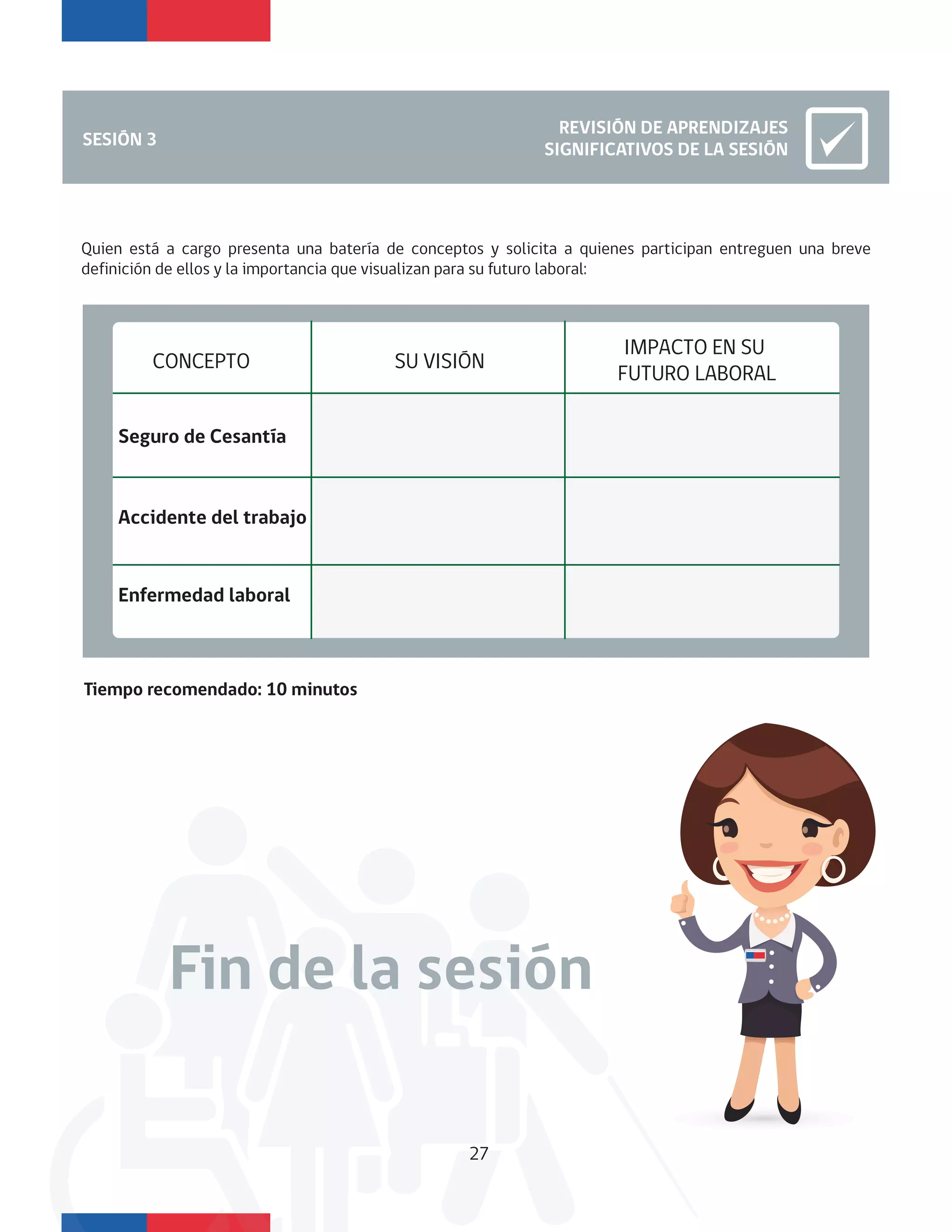 SESIÓN 3
REVISIÓN DE APRENDIZAJES
SIGNIFICATIVOS DE LA SESIÓN
CONCEPTO
Seguro de Cesantía
Accidente del trabajo
Enfermedad laboral
SU VISIÓN
IMPACTO EN SU
FUTURO LABORAL
Fin de la sesión
Quien está a cargo presenta una batería de conceptos y solicita a quienes participan entreguen una breve
definición de ellos y la importancia que visualizan para su futuro laboral:
27
Tiempo recomendado: 10 minutos
 