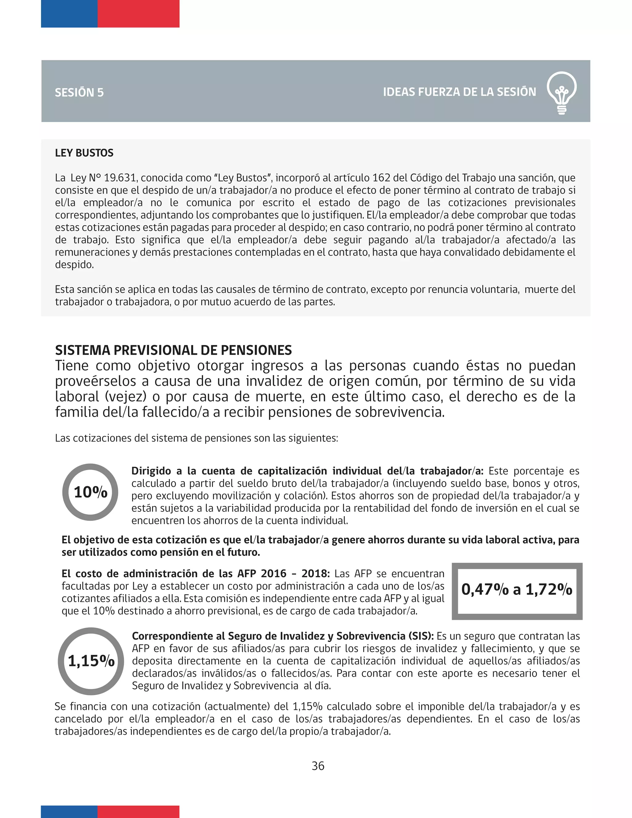 IDEAS FUERZA DE LA SESIÓNSESIÓN 5
LEY BUSTOS
La Ley N° 19.631, conocida como “Ley Bustos”, incorporó al artículo 162 del Código del Trabajo una sanción, que
consiste en que el despido de un/a trabajador/a no produce el efecto de poner término al contrato de trabajo si
el/la empleador/a no le comunica por escrito el estado de pago de las cotizaciones previsionales
correspondientes, adjuntando los comprobantes que lo justifiquen. El/la empleador/a debe comprobar que todas
estas cotizaciones están pagadas para proceder al despido; en caso contrario, no podrá poner término al contrato
de trabajo. Esto significa que el/la empleador/a debe seguir pagando al/la trabajador/a afectado/a las
remuneraciones y demás prestaciones contempladas en el contrato, hasta que haya convalidado debidamente el
despido.
Esta sanción se aplica en todas las causales de término de contrato, excepto por renuncia voluntaria, muerte del
trabajador o trabajadora, o por mutuo acuerdo de las partes.
SISTEMA PREVISIONAL DE PENSIONES
Tiene como objetivo otorgar ingresos a las personas cuando éstas no puedan
proveérselos a causa de una invalidez de origen común, por término de su vida
laboral (vejez) o por causa de muerte, en este último caso, el derecho es de la
familia del/la fallecido/a a recibir pensiones de sobrevivencia.
Las cotizaciones del sistema de pensiones son las siguientes:
36
Correspondiente al Seguro de Invalidez y Sobrevivencia (SIS): Es un seguro que contratan las
AFP en favor de sus afiliados/as para cubrir los riesgos de invalidez y fallecimiento, y que se
deposita directamente en la cuenta de capitalización individual de aquellos/as afiliados/as
declarados/as inválidos/as o fallecidos/as. Para contar con este aporte es necesario tener el
Seguro de Invalidez y Sobrevivencia al día.
10%
Dirigido a la cuenta de capitalización individual del/la trabajador/a: Este porcentaje es
calculado a partir del sueldo bruto del/la trabajador/a (incluyendo sueldo base, bonos y otros,
pero excluyendo movilización y colación). Estos ahorros son de propiedad del/la trabajador/a y
están sujetos a la variabilidad producida por la rentabilidad del fondo de inversión en el cual se
encuentren los ahorros de la cuenta individual.
El objetivo de esta cotización es que el/la trabajador/a genere ahorros durante su vida laboral activa, para
ser utilizados como pensión en el futuro.
El costo de administración de las AFP 2016 – 2018: Las AFP se encuentran
facultadas por Ley a establecer un costo por administración a cada uno de los/as
cotizantes afiliados a ella. Esta comisión es independiente entre cada AFP y al igual
que el 10% destinado a ahorro previsional, es de cargo de cada trabajador/a.
0,47% a 1,72%
1,15%
Se financia con una cotización (actualmente) del 1,15% calculado sobre el imponible del/la trabajador/a y es
cancelado por el/la empleador/a en el caso de los/as trabajadores/as dependientes. En el caso de los/as
trabajadores/as independientes es de cargo del/la propio/a trabajador/a.
 