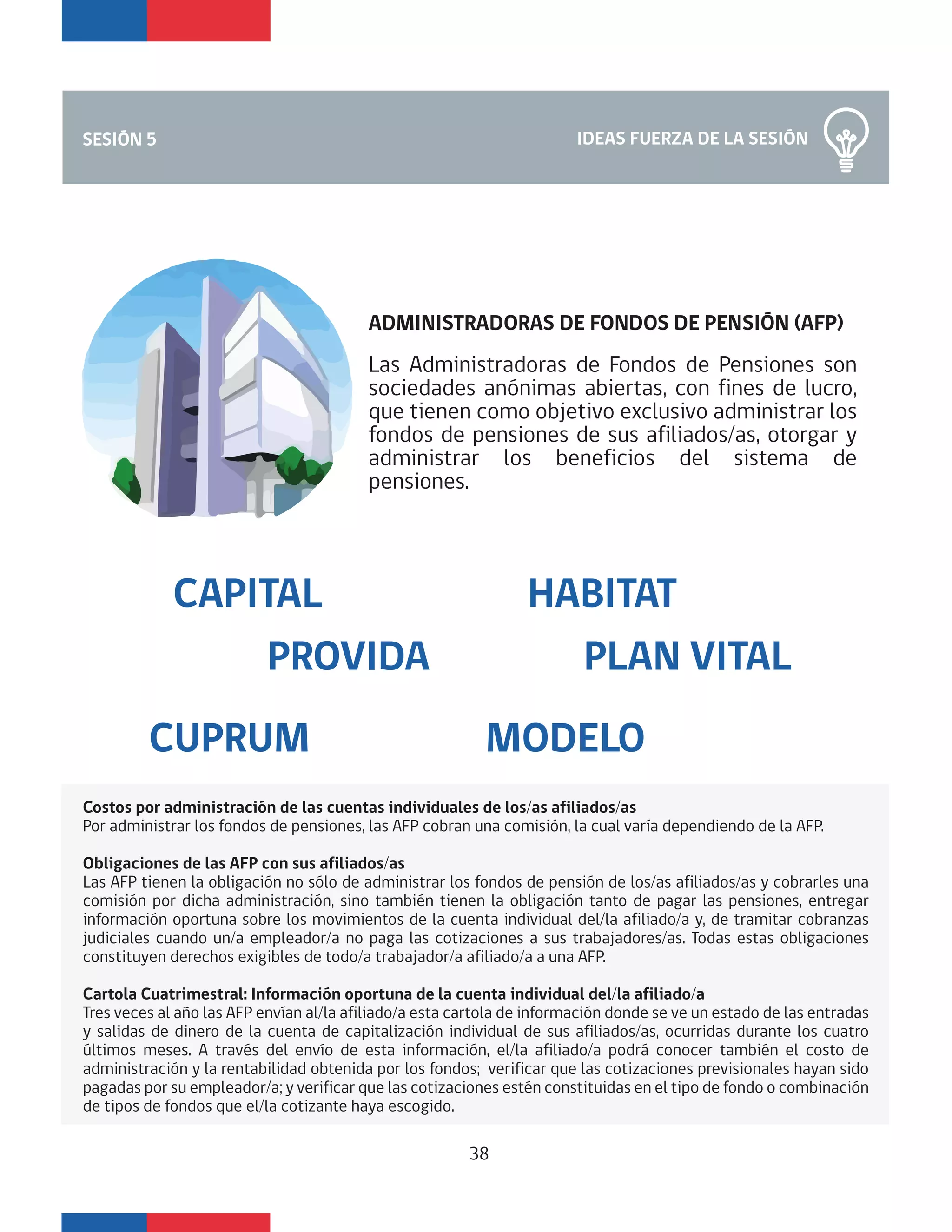 IDEAS FUERZA DE LA SESIÓNSESIÓN 5
38
ADMINISTRADORAS DE FONDOS DE PENSIÓN (AFP)
Las Administradoras de Fondos de Pensiones son
sociedades anónimas abiertas, con fines de lucro,
que tienen como objetivo exclusivo administrar los
fondos de pensiones de sus afiliados/as, otorgar y
administrar los beneficios del sistema de
pensiones.
Costos por administración de las cuentas individuales de los/as afiliados/as
Por administrar los fondos de pensiones, las AFP cobran una comisión, la cual varía dependiendo de la AFP.
Obligaciones de las AFP con sus afiliados/as
Las AFP tienen la obligación no sólo de administrar los fondos de pensión de los/as afiliados/as y cobrarles una
comisión por dicha administración, sino también tienen la obligación tanto de pagar las pensiones, entregar
información oportuna sobre los movimientos de la cuenta individual del/la afiliado/a y, de tramitar cobranzas
judiciales cuando un/a empleador/a no paga las cotizaciones a sus trabajadores/as. Todas estas obligaciones
constituyen derechos exigibles de todo/a trabajador/a afiliado/a a una AFP.
Cartola Cuatrimestral: Información oportuna de la cuenta individual del/la afiliado/a
Tres veces al año las AFP envían al/la afiliado/a esta cartola de información donde se ve un estado de las entradas
y salidas de dinero de la cuenta de capitalización individual de sus afiliados/as, ocurridas durante los cuatro
últimos meses. A través del envío de esta información, el/la afiliado/a podrá conocer también el costo de
administración y la rentabilidad obtenida por los fondos; verificar que las cotizaciones previsionales hayan sido
pagadas por su empleador/a; y verificar que las cotizaciones estén constituidas en el tipo de fondo o combinación
de tipos de fondos que el/la cotizante haya escogido.
CAPITAL
PROVIDA
CUPRUM
HABITAT
PLAN VITAL
MODELO
 