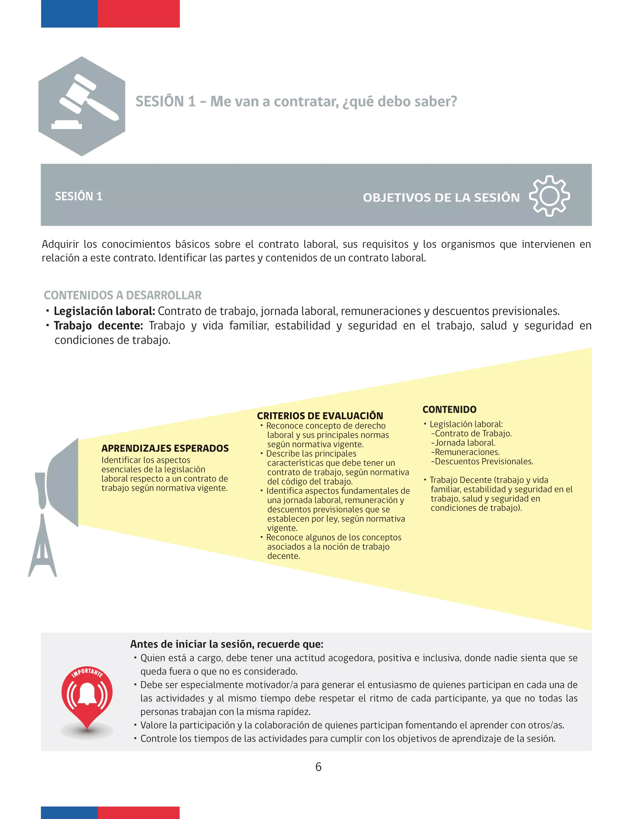 Antes de iniciar la sesión, recuerde que:
・Quien está a cargo, debe tener una actitud acogedora, positiva e inclusiva, donde nadie sienta que se
queda fuera o que no es considerado.
・Debe ser especialmente motivador/a para generar el entusiasmo de quienes participan en cada una de
las actividades y al mismo tiempo debe respetar el ritmo de cada participante, ya que no todas las
personas trabajan con la misma rapidez.
・Valore la participación y la colaboración de quienes participan fomentando el aprender con otros/as.
・Controle los tiempos de las actividades para cumplir con los objetivos de aprendizaje de la sesión.
CONTENIDOS A DESARROLLAR
・Legislación laboral: Contrato de trabajo, jornada laboral, remuneraciones y descuentos previsionales.
・Trabajo decente: Trabajo y vida familiar, estabilidad y seguridad en el trabajo, salud y seguridad en
condiciones de trabajo.
Adquirir los conocimientos básicos sobre el contrato laboral, sus requisitos y los organismos que intervienen en
relación a este contrato. Identificar las partes y contenidos de un contrato laboral.
SESIÓN 1 OBJETIVOS DE LA SESIÓN
APRENDIZAJES ESPERADOS
CONTENIDO
CRITERIOS DE EVALUACIÓN
Identificar los aspectos
esenciales de la legislación
laboral respecto a un contrato de
trabajo según normativa vigente.
・Reconoce concepto de derecho
laboral y sus principales normas
según normativa vigente.
・Describe las principales
características que debe tener un
contrato de trabajo, según normativa
del código del trabajo.
・Identifica aspectos fundamentales de
una jornada laboral, remuneración y
descuentos previsionales que se
establecen por ley, según normativa
vigente.
・Reconoce algunos de los conceptos
asociados a la noción de trabajo
decente.
・Legislación laboral:
-Contrato de Trabajo.
-Jornada laboral.
-Remuneraciones.
-Descuentos Previsionales.
・Trabajo Decente (trabajo y vida
familiar, estabilidad y seguridad en el
trabajo, salud y seguridad en
condiciones de trabajo).
SESIÓN 1 – Me van a contratar, ¿qué debo saber?
6
 