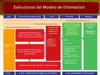 Estructuras del Modelo de Orientación
Docente /
Tutor
 Acción
tutorial
Aula
Unidades de Orientación en
Centros de Infantil y Primaria y
Centros de Educación Especial
Centro/Zona de Adscripción
Departamento de Orientación en
centros de Secundaria, Adultos,
Escuelas Arte
Centros de Recursos y Apoyo a la Escuela Rural
Zonal
Asesoría de
Centros de
Profesores y
Recursos
* Ámbito de la
Orientación, la
Atención a la
Diversidad y la
Interculturalidad
2º NIVEL: ESTRUCTURAS DE ORIENT. EN LOS CENTROS
Plan Regional de Orientación
Territorial
Centros Territoriales
de Recursos para la
Orientación, la
Atención a la
Diversidad y la
Interculturalidad
Ámbitos:
 Orientación
 Atención a la Diversidad
- Discapacidad-Alta
capacidad mental
- Discapacidad física y
sensorial
- Trastornos conducta,
personalidad y desarrollo
 Educación Intercultural
- Interculturalidad
- Mejora convivencia
3er NIV: ASESORAMIENTO ESPECIALIZADO
Regional
Consejería de
Educación y
Ciencia
Delegaciones
Provinciales
1er NIVEL
Plan de Orientación de Zona
Plan de Orientación de Centro
 