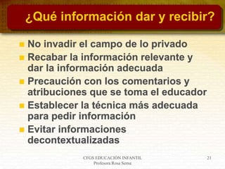 CFGS EDUCACIÓN INFANTIL
Profesora Rosa Serna
21
¿Qué información dar y recibir?
 No invadir el campo de lo privado
 Recabar la información relevante y
dar la información adecuada
 Precaución con los comentarios y
atribuciones que se toma el educador
 Establecer la técnica más adecuada
para pedir información
 Evitar informaciones
decontextualizadas
 