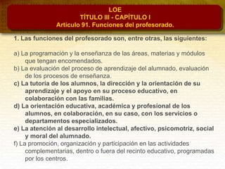 LOE
TÍTULO III - CAPÍTULO I
Artículo 91. Funciones del profesorado.
1. Las funciones del profesorado son, entre otras, las siguientes:
a) La programación y la enseñanza de las áreas, materias y módulos
que tengan encomendados.
b) La evaluación del proceso de aprendizaje del alumnado, evaluación
de los procesos de enseñanza.
c) La tutoría de los alumnos, la dirección y la orientación de su
aprendizaje y el apoyo en su proceso educativo, en
colaboración con las familias.
d) La orientación educativa, académica y profesional de los
alumnos, en colaboración, en su caso, con los servicios o
departamentos especializados.
e) La atención al desarrollo intelectual, afectivo, psicomotriz, social
y moral del alumnado.
f) La promoción, organización y participación en las actividades
complementarias, dentro o fuera del recinto educativo, programadas
por los centros.
 