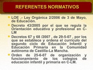 REFERENTES NORMATIVOSREFERENTES NORMATIVOS
 LOE .- Ley Orgánica 2/2006 de 3 de Mayo,
de Educación.
 Decreto 43/2005 por el que se regula la
Orientación educativa y profesional en C-
LM
 Decretos 67 y 68 /2007 , de 29-5-07 , por los
que se establece y ordena el currículo del
segundo ciclo de Educación Infantil y
Educación Primaria en la Comunidad
autónoma de Castilla-La Mancha.
 Orden de 25-6-07 de organización y
funcionamiento de los colegios de
educación infantil y primaria en C-LM.
 