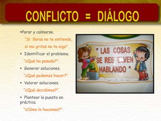 Parar y calmarse.
“Si lloras no te entiendo,
si me gritas no te oigo”.
 Identificar el problema.
“¿Qué ha pasado?”.
 Generar soluciones.
“¿Qué podemos hacer?”.
 Valorar soluciones.
“¿Qué decidimos?”.
 Plantear la puesta en
práctica.
“¿Cómo lo hacemos?”.
 