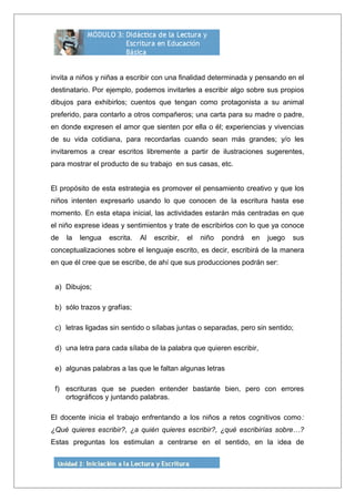 invita a niños y niñas a escribir con una finalidad determinada y pensando en el
destinatario. Por ejemplo, podemos invitarles a escribir algo sobre sus propios
dibujos para exhibirlos; cuentos que tengan como protagonista a su animal
preferido, para contarlo a otros compañeros; una carta para su madre o padre,
en donde expresen el amor que sienten por ella o él; experiencias y vivencias
de su vida cotidiana, para recordarlas cuando sean más grandes; y/o les
invitaremos a crear escritos libremente a partir de ilustraciones sugerentes,
para mostrar el producto de su trabajo en sus casas, etc.
El propósito de esta estrategia es promover el pensamiento creativo y que los
niños intenten expresarlo usando lo que conocen de la escritura hasta ese
momento. En esta etapa inicial, las actividades estarán más centradas en que
el niño exprese ideas y sentimientos y trate de escribirlos con lo que ya conoce
de la lengua escrita. Al escribir, el niño pondrá en juego sus
conceptualizaciones sobre el lenguaje escrito, es decir, escribirá de la manera
en que él cree que se escribe, de ahí que sus producciones podrán ser:
a) Dibujos;
b) sólo trazos y grafías;
c) letras ligadas sin sentido o sílabas juntas o separadas, pero sin sentido;
d) una letra para cada sílaba de la palabra que quieren escribir,
e) algunas palabras a las que le faltan algunas letras
f) escrituras que se pueden entender bastante bien, pero con errores
ortográficos y juntando palabras.
El docente inicia el trabajo enfrentando a los niños a retos cognitivos como:
¿Qué quieres escribir?, ¿a quién quieres escribir?, ¿qué escribirías sobre…?
Estas preguntas los estimulan a centrarse en el sentido, en la idea de
 