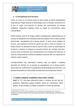 2. La Psicogénesis de la escritura
Como ya vimos en la primera parte de esta unidad, la teoría psicogenética
propuesta por Piaget describe al aprendizaje como un proceso constructivo en
el que el sujeto que aprende se apropia del conocimiento de manera
inteligente, elaborando hipótesis sobre su objeto de conocimiento, hasta
comprenderlo3
.
Emilia Ferreiro, alumna de Piaget, realizó investigaciones relacionadas con el
proceso de apropiación de la lengua escrita que realizan niños y niñas, proceso
denominado psicogénesis de la lengua escrita. A partir de los trabajos de
Ferreiro, que revelaron la forma de pensar de niños y niñas en relación a la
lengua escrita, se abandonó la idea de que los niños inician su aprendizaje de
la lectura y escritura al empezar la escuela primaria. Se constató, más bien,
que los niños se enfrentan muy tempranamente con el sistema de escritura, el
cual van comprendiendo a través de hipótesis sucesivas que van realizando en
relación a dicho sistema.
Complementando esa información veremos aquí las etapas o estadios
descritos por Ferreiro en el proceso de psicogénesis de la lengua escrita,
dando esta vez preferencia a la perspectiva del aprendizaje de la escritura. Los
estadios propuestos por ella pueden caracterizarse de la siguiente manera4
:
1er
estadio: hipótesis presilábica ( tiene cuatro niveles)
Nivel 1) EL niño logra diferenciar letras y números de otro tipo de
grafismos. Reproduce rasgos imitando trazos de manuscritos. Estas
grafías no son lineales, no poseen orientación ni control de cantidad.
3
Cépeda García, N. del S. (1996): Aprender a leer y escribir para comunicarse, Lima, Tarea, p5.
4
Porcel, M. C.: Síntesis del estudio de las escrituras preconvencionales en español abordado por Emilia Ferreiro y
Ana Toberosky
 