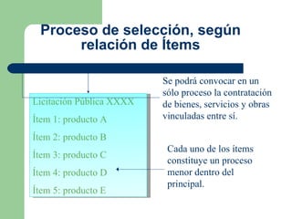 Proceso de selección, según relación de Ítems Licitación Pública XXXX Ítem 1: producto A Ítem 2: producto B Ítem 3: producto C Ítem 4: producto D Ítem 5: producto E Se podrá convocar en un sólo proceso la contratación de bienes, servicios y obras vinculadas entre sí. Cada uno de los ítems constituye un proceso menor dentro del principal. 